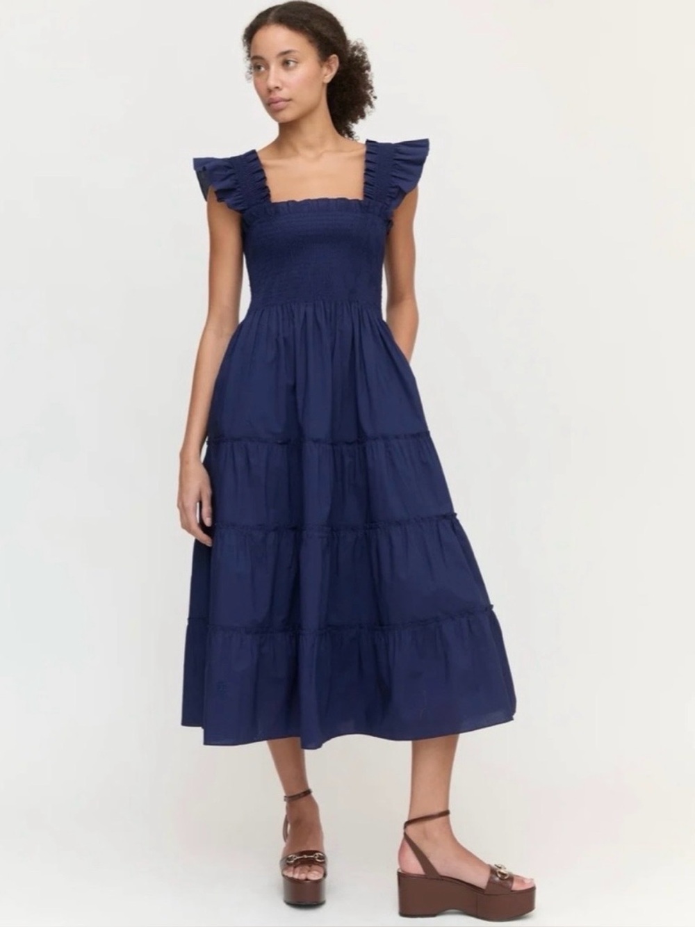 Hill House Home Ellie Nap Midi Dress Smocked
Ruffle Strap in Navy Blue Medium